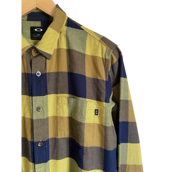 Oakley Size Medium Yellow Black Plaid Button Up Long Sleeve Collared Shirt 100% - Picture 5 of 8
